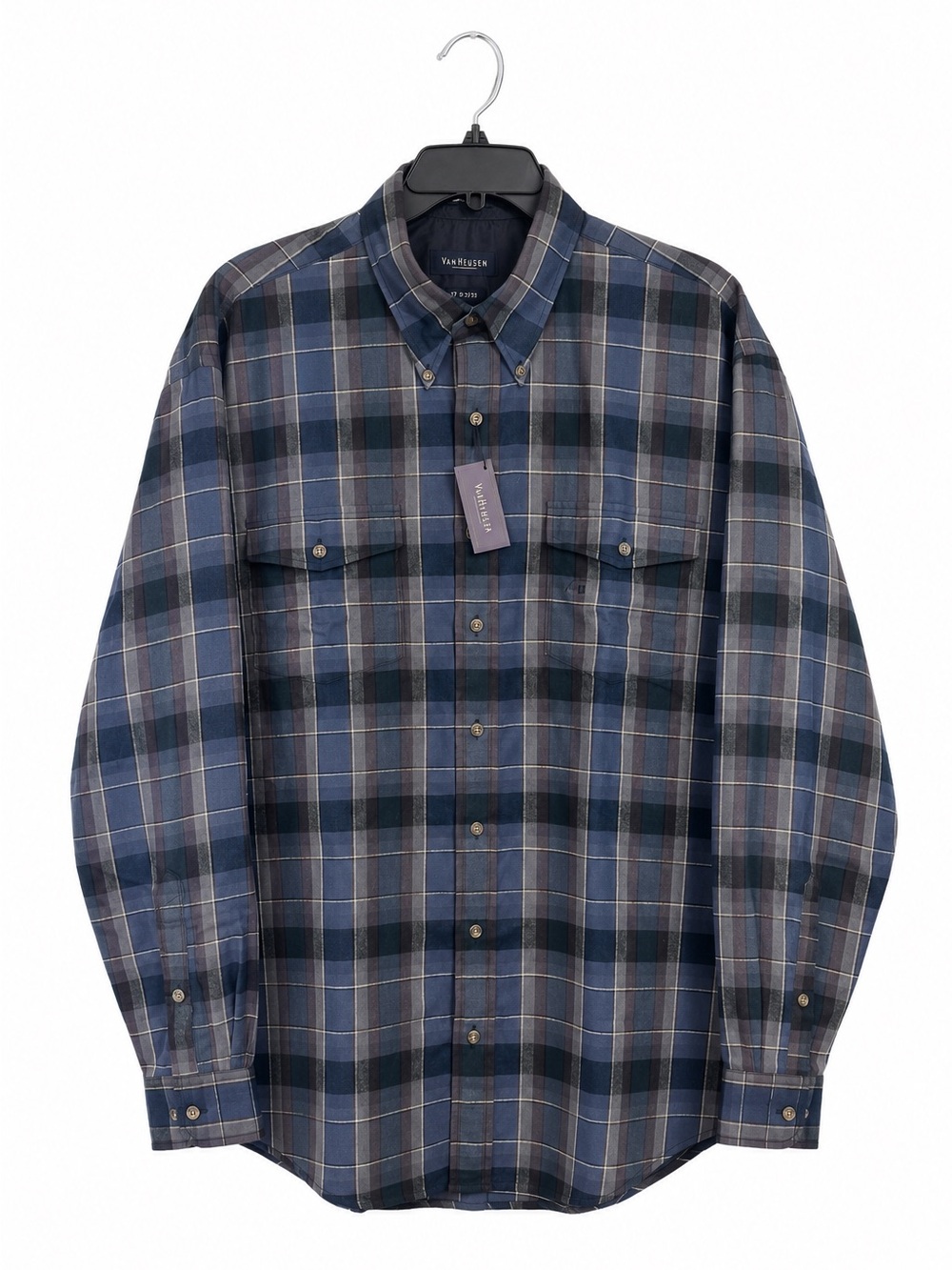 Van Heusen Plaid Button Down Shirt Mens Large Tall NWT Blue Gray Cotton